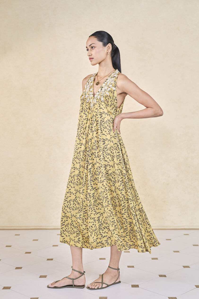 Leafbird Handcrafted Ajrakh A-Line Dress - Yellow, Yellow, image 3
